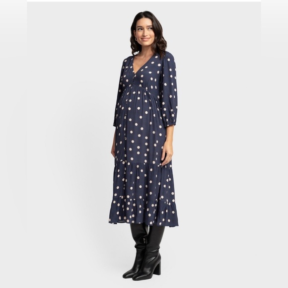 Seraphine Dresses & Skirts - Seraphine Navy Polka Dot Tiered Maternity Maxi Dress